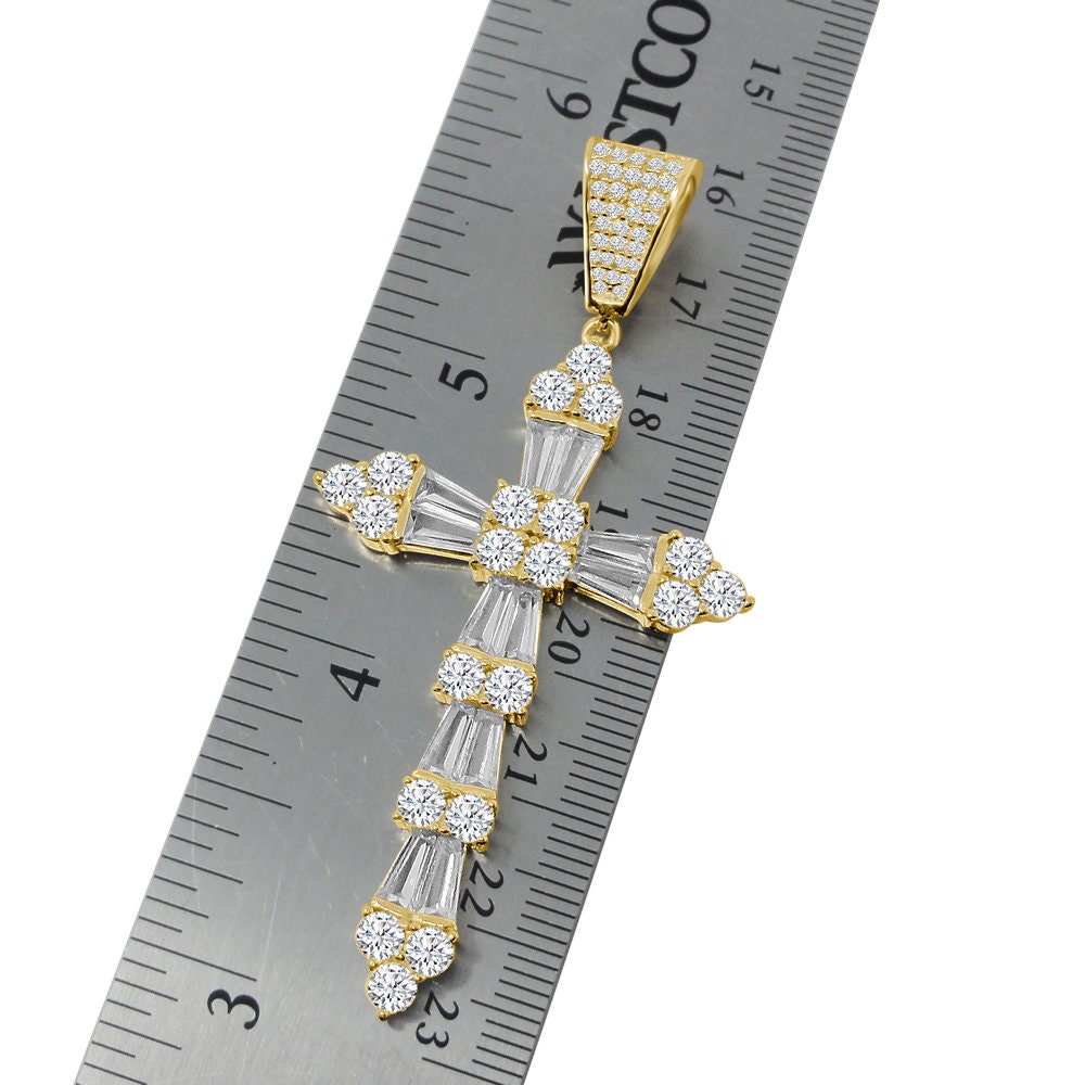 Baguette Real Genuine Sterling Silver 14K Gold Finish Simulated Diamonds Holy Jesus Cross Pendent Charm 2.75''