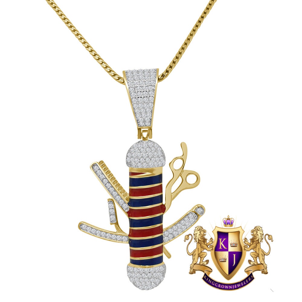 Unisex Real Sterling Silver Barber Pole Pendant 14k Gold Finish Simulated Diamond Charm + Chain