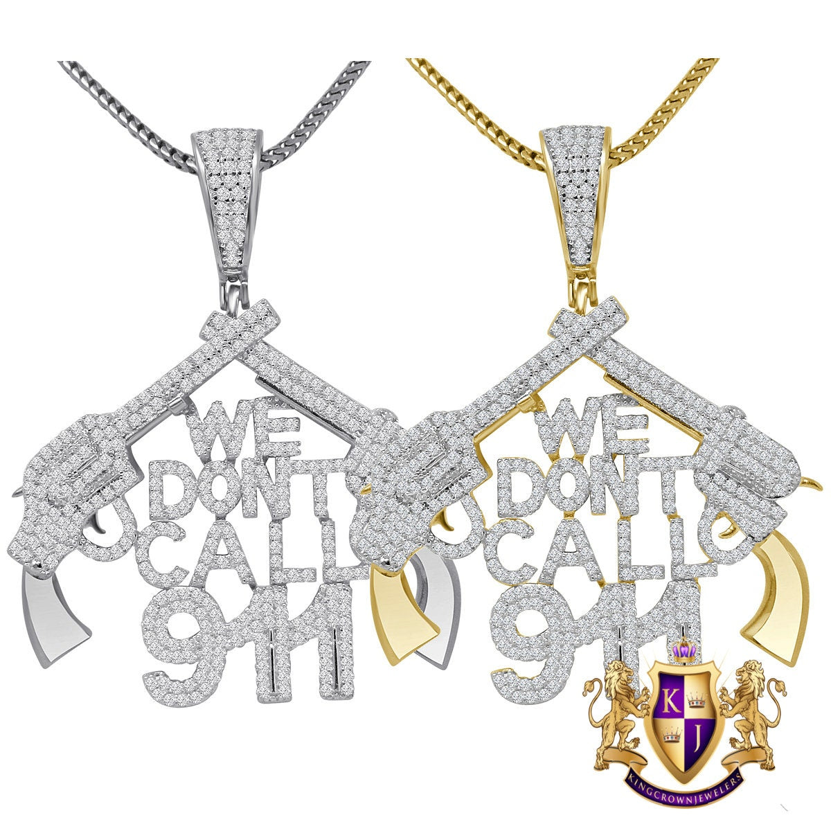 Real Genuine Sterling Silver 14K Gold Finish Simulated Diamond "WE DONT CALL 911" Custom Pendant Charm Chain Neckless Set
