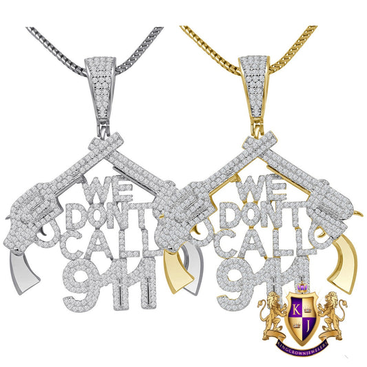 Real Genuine Sterling Silver 14K Gold Finish Simulated Diamond "WE DONT CALL 911" Custom Pendant Charm Chain Neckless Set