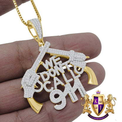 Real Genuine Sterling Silver 14K Gold Finish Simulated Diamond "WE DONT CALL 911" Custom Pendant Charm Chain Neckless Set
