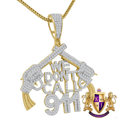Real Genuine Sterling Silver 14K Gold Finish Simulated Diamond "WE DONT CALL 911" Custom Pendant Charm Chain Neckless Set