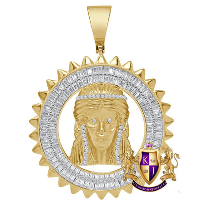 Baguette 20+ Grams Real Authentic Genuine Sterling Silver 1.50 Cwt. Simulated Diamond Jesus Crist Face Pendant Charm Round Medallion 2.25''