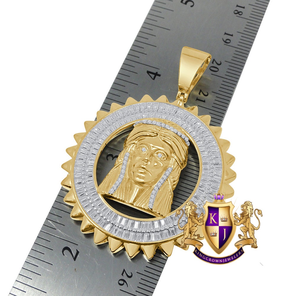 Baguette 20+ Grams Real Authentic Genuine Sterling Silver 1.50 Cwt. Simulated Diamond Jesus Crist Face Pendant Charm Round Medallion 2.25''