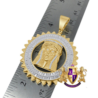 Baguette 20+ Grams Real Authentic Genuine Sterling Silver 1.50 Cwt. Simulated Diamond Jesus Crist Face Pendant Charm Round Medallion 2.25''