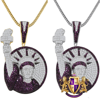 14K Gold Finish Real Sterling Silver Simulated Diamond Statue of Lady Liberty Pendent Charm Chain Set