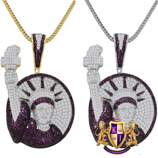 14K Gold Finish Real Sterling Silver Simulated Diamond Statue of Lady Liberty Pendent Charm Chain Set
