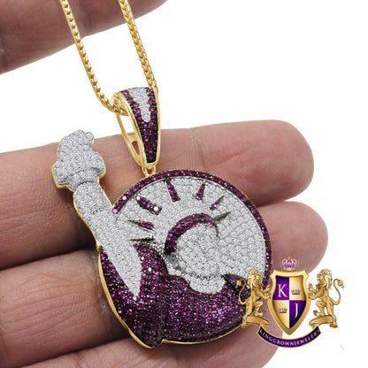14K Gold Finish Real Sterling Silver Simulated Diamond Statue of Lady Liberty Pendent Charm Chain Set