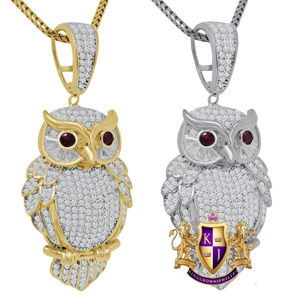 Mens Real Sterling Silver 14K Gold Finish Simulated Diamond Owl Ruby Eye Pendent Charm Chain Set