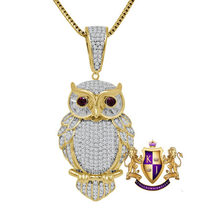Mens Real Sterling Silver 14K Gold Finish Simulated Diamond Owl Ruby Eye Pendent Charm Chain Set