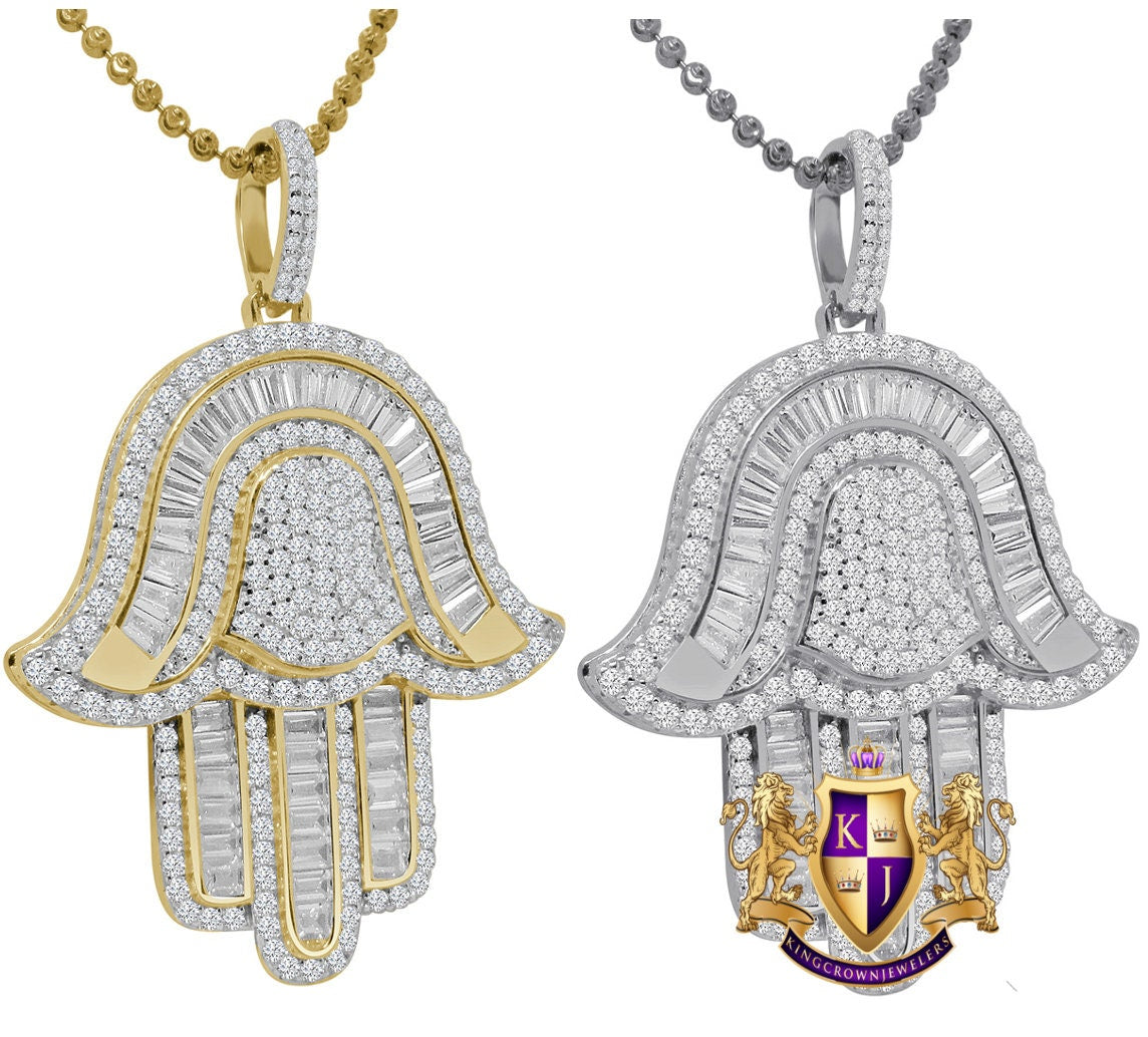 Baguette Real Genuine Sterling Silver Gold Finish Simulated Diamond Hamsa Hand Pendent Charm Chain Set