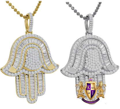 Baguette Real Genuine Sterling Silver Gold Finish Simulated Diamond Hamsa Hand Pendent Charm Chain Set