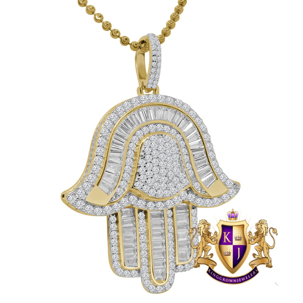Baguette Real Genuine Sterling Silver Gold Finish Simulated Diamond Hamsa Hand Pendent Charm Chain Set