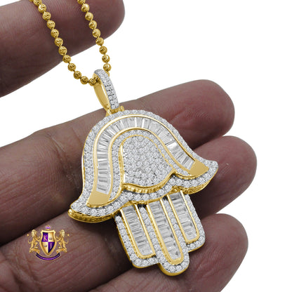 Baguette Real Genuine Sterling Silver Gold Finish Simulated Diamond Hamsa Hand Pendent Charm Chain Set