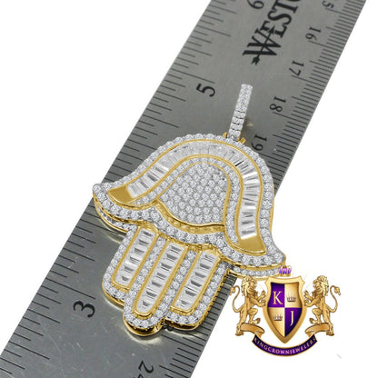 Baguette Real Genuine Sterling Silver Gold Finish Simulated Diamond Hamsa Hand Pendent Charm Chain Set