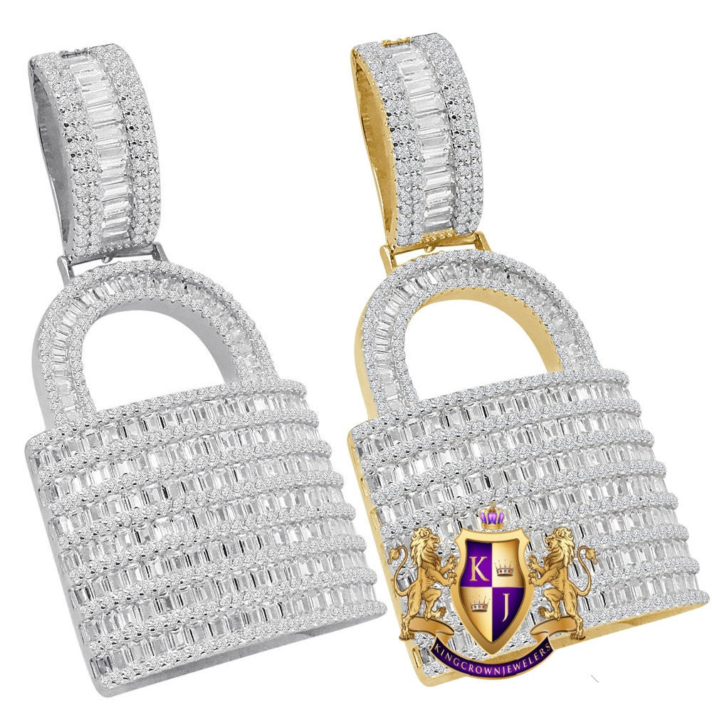Baguette Custom Piece Real Genuine Italian Sterling Silver Simulated Diamond 14K Gold Over Padlock Key Pendent Charm 15 + Grams