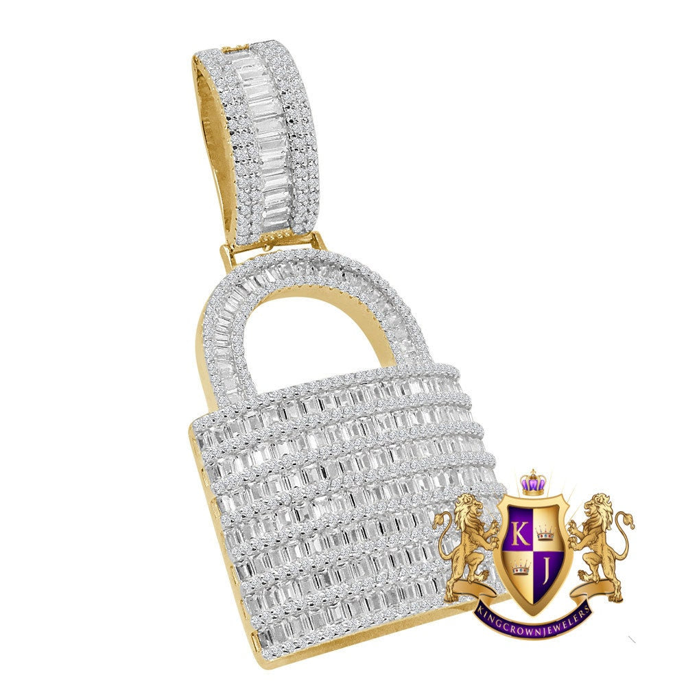 Baguette Custom Piece Real Genuine Italian Sterling Silver Simulated Diamond 14K Gold Over Padlock Key Pendent Charm 15 + Grams