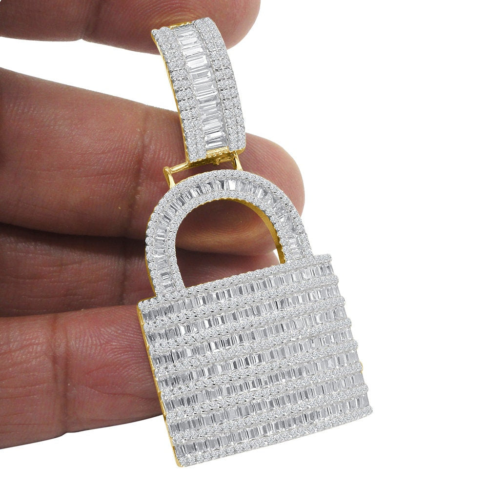 Baguette Custom Piece Real Genuine Italian Sterling Silver Simulated Diamond 14K Gold Over Padlock Key Pendent Charm 15 + Grams