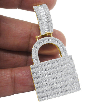 Baguette Custom Piece Real Genuine Italian Sterling Silver Simulated Diamond 14K Gold Over Padlock Key Pendent Charm 15 + Grams