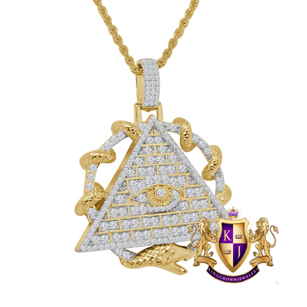 Real Sterling Silver Simulated Diamond Illuminati All Seen Eye Pendent Charm Chain Set