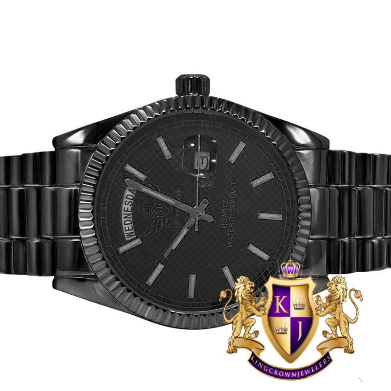 Men's 14K Black Gold Tone Day/Date Function Solid Steel Back Water Resistance Metal Band Watch