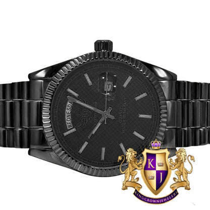 Men's 14K Black Gold Tone Day/Date Function Solid Steel Back Water Resistance Metal Band Watch