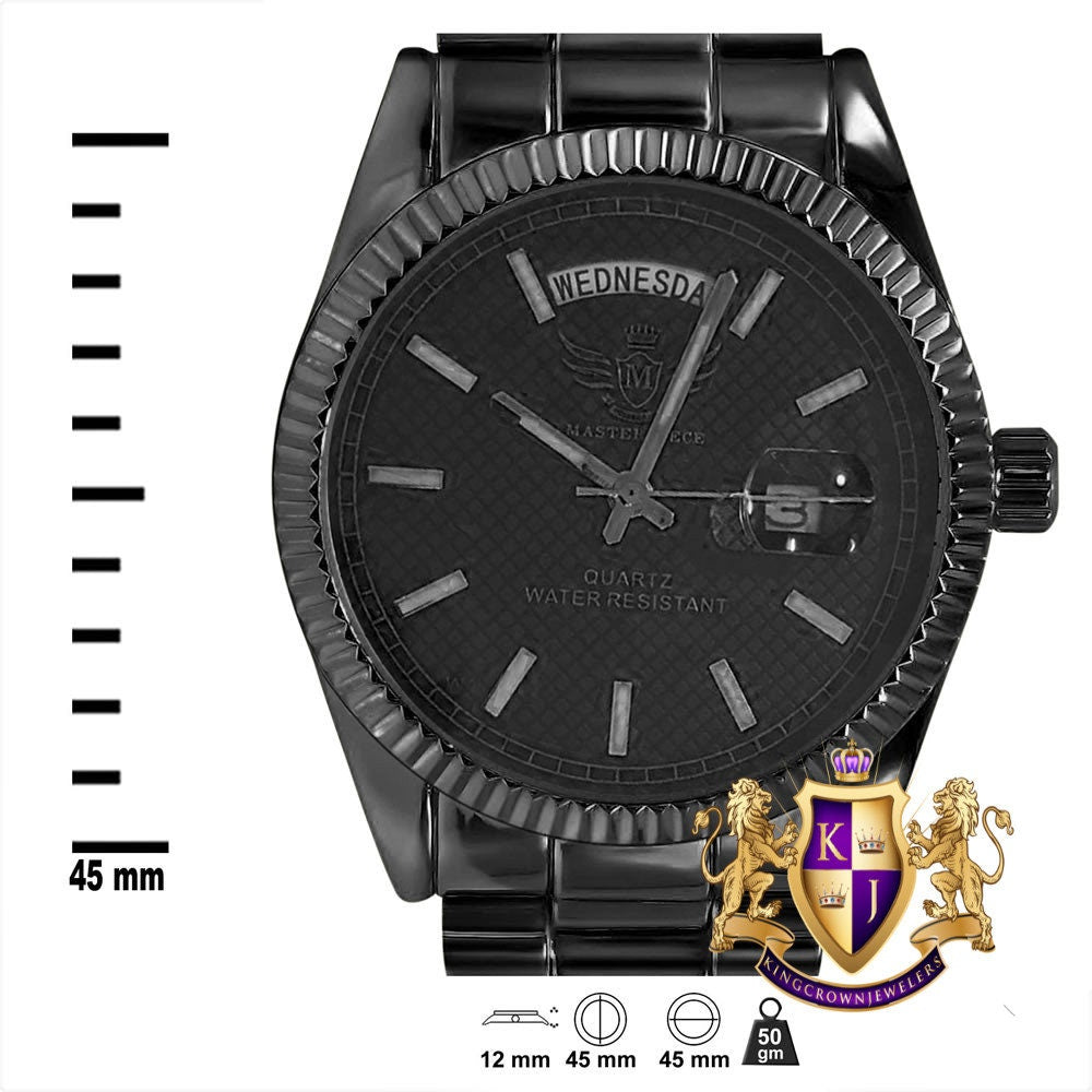 Men's 14K Black Gold Tone Day/Date Function Solid Steel Back Water Resistance Metal Band Watch