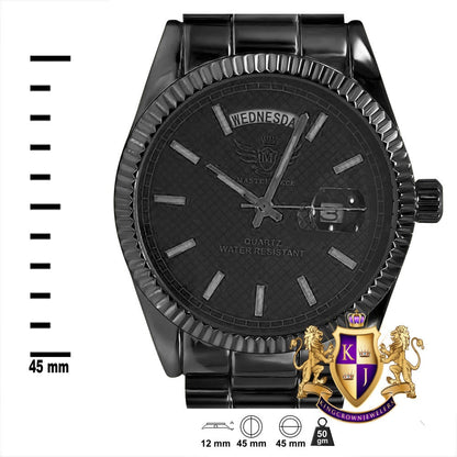 Men's 14K Black Gold Tone Day/Date Function Solid Steel Back Water Resistance Metal Band Watch