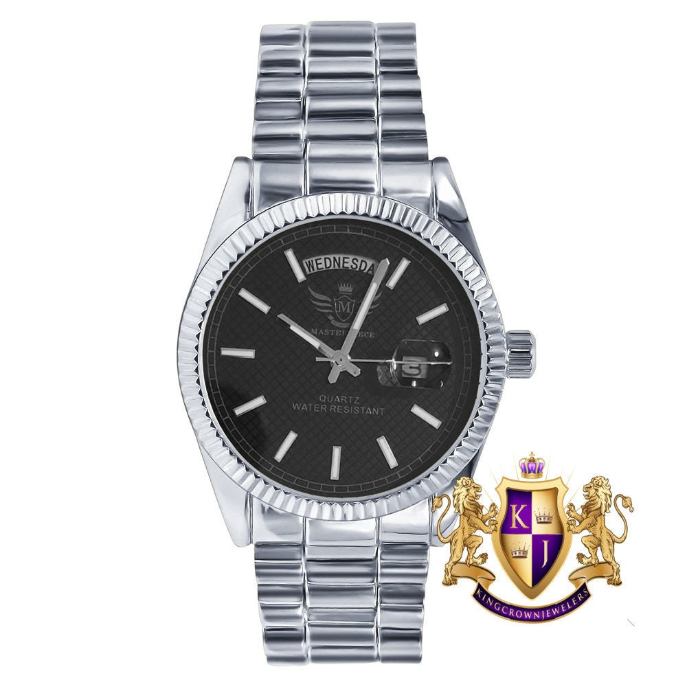 Men's 14K White  Gold Tone Black Dial Day/Date Function Solid Steel Back Water Resistance Metal Band Watch