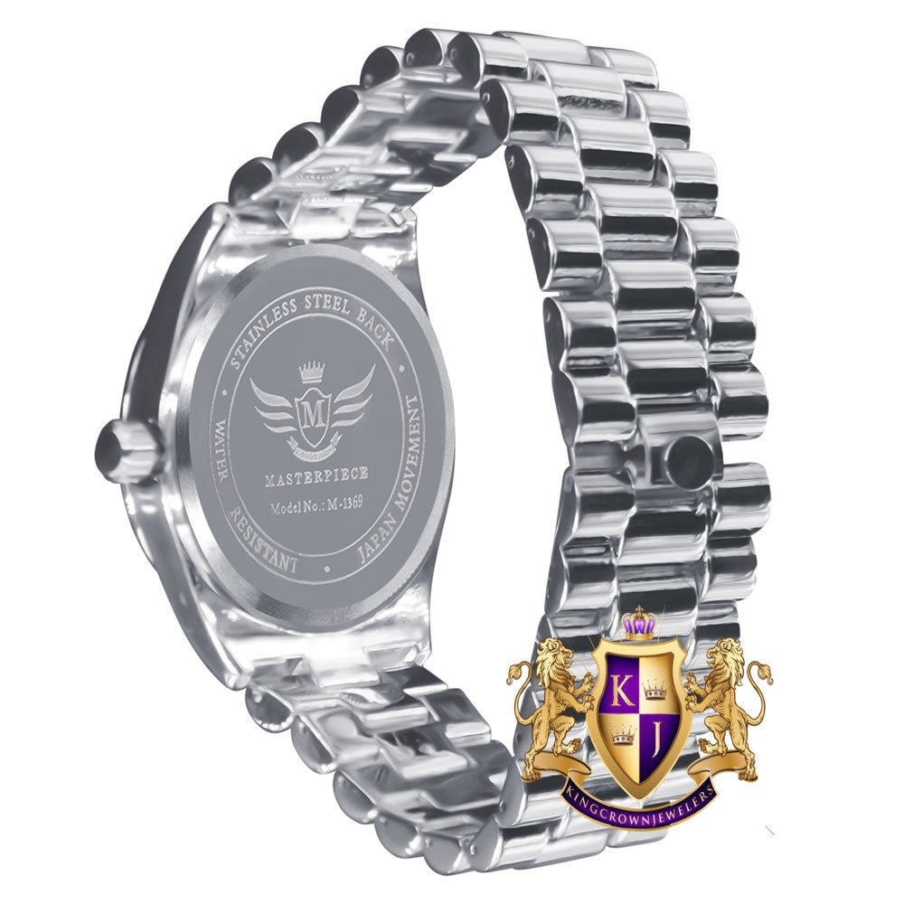 Men's 14K White  Gold Tone Black Dial Day/Date Function Solid Steel Back Water Resistance Metal Band Watch