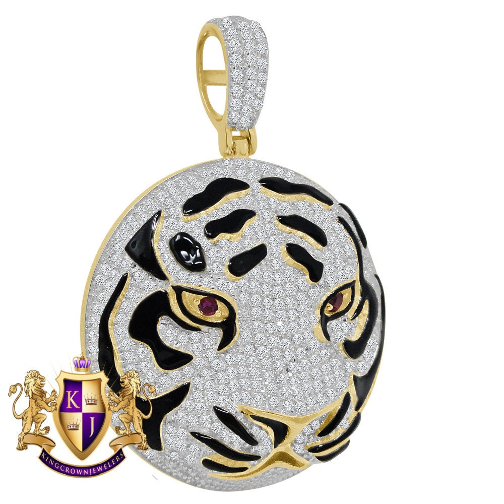 20+ Grams Real Genuine Sterling Silver 3.45 Ct. Simulated Diamond 14K Gold On Men's Black Enamel Lion Head Round Pendant Cat Charm Medallion
