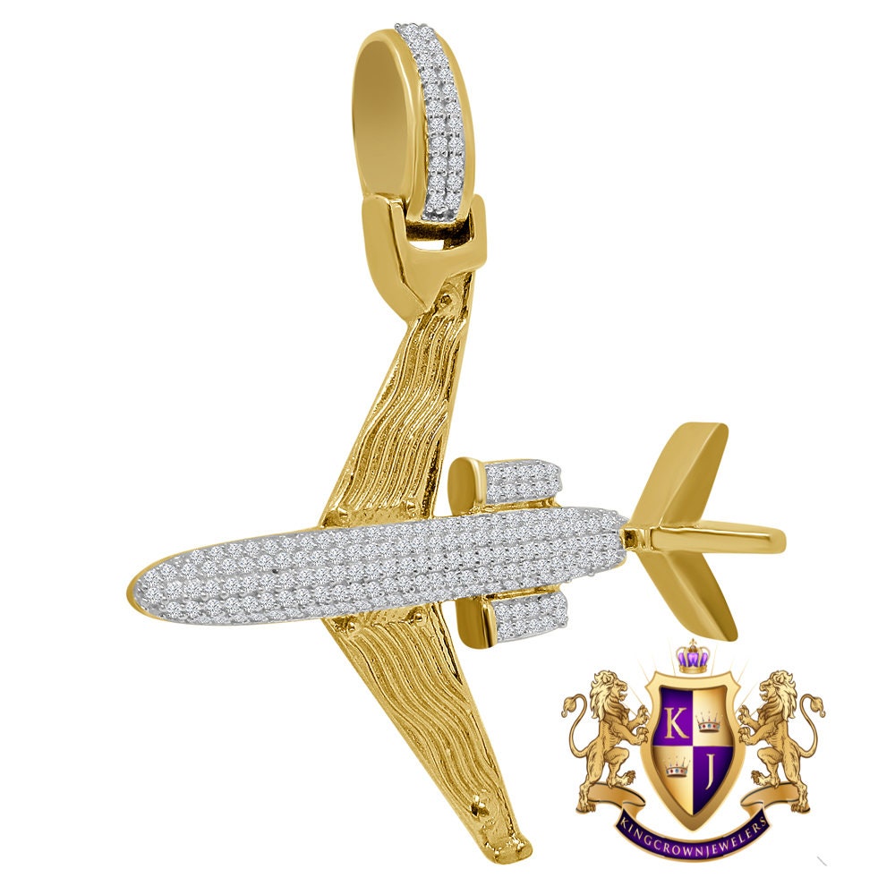 Men's 14K Gold Over Sterling Silver Pendant Airplane Pave Charm Simulated Diamond Pendant 2''