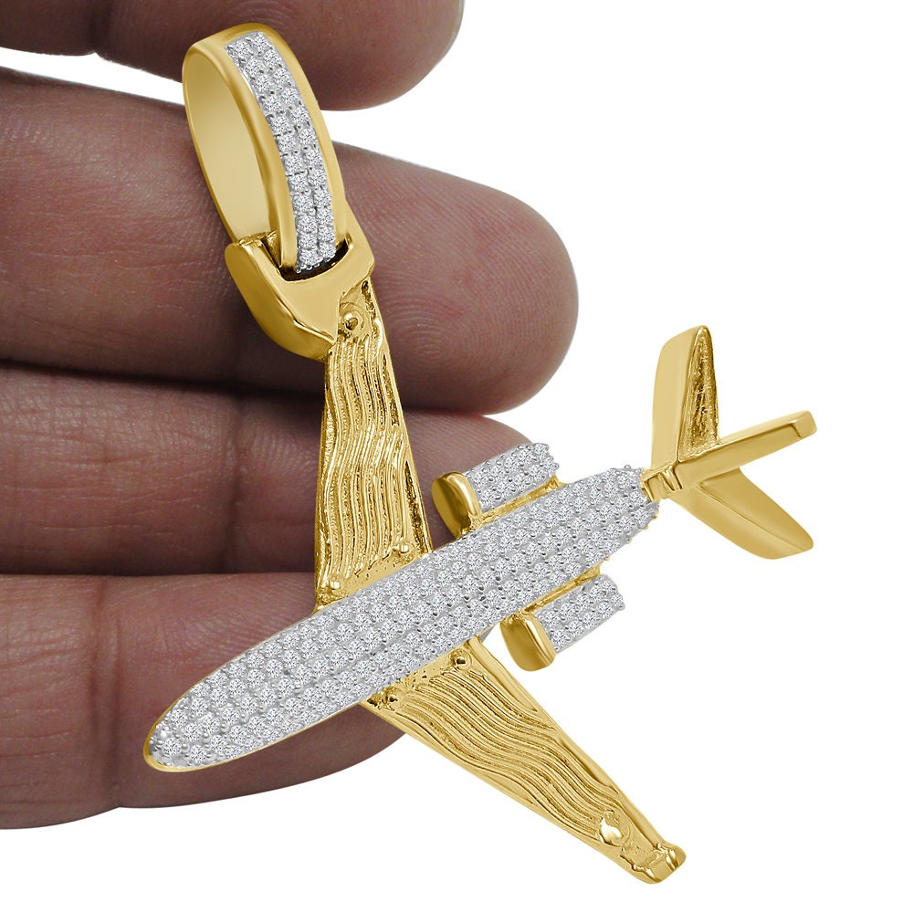 Men's 14K Gold Over Sterling Silver Pendant Airplane Pave Charm Simulated Diamond Pendant 2''