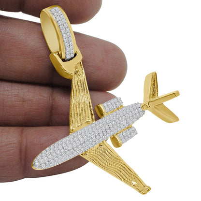 Men's 14K Gold Over Sterling Silver Pendant Airplane Pave Charm Simulated Diamond Pendant 2''