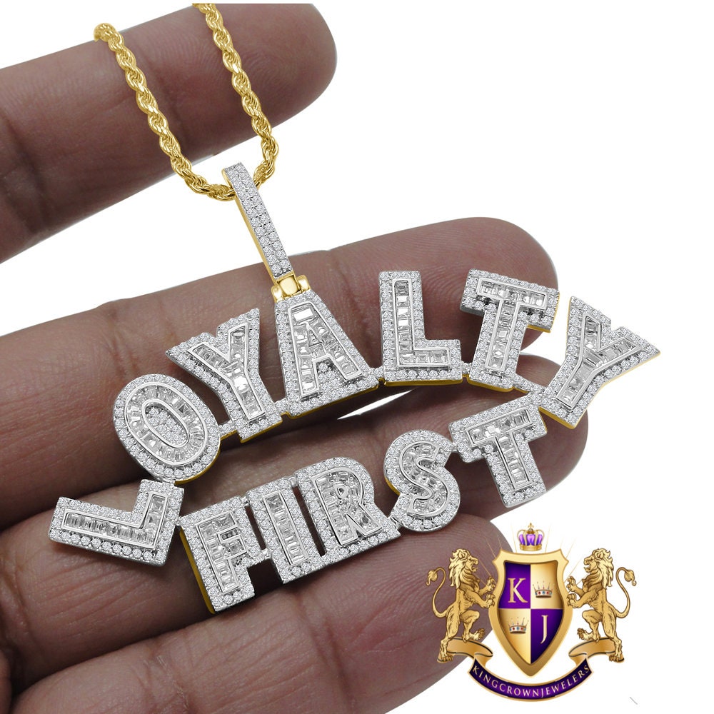 Baguette Custom Piece Real Yellow Gold Sterling Silver Simulated Diamond LOYALTY FIRST Pendent Charm Chain Set