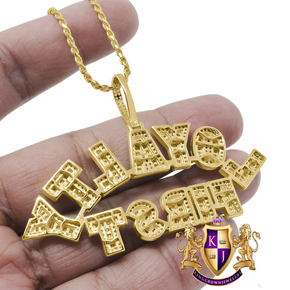 Baguette Custom Piece Real Yellow Gold Sterling Silver Simulated Diamond LOYALTY FIRST Pendent Charm Chain Set