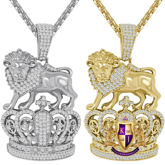 14K Gold Finish Lion King Crown Head Charm Simulated Diamond Pendent Chain Set