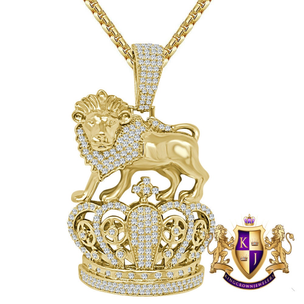 14K Gold Finish Lion King Crown Head Charm Simulated Diamond Pendent Chain Set