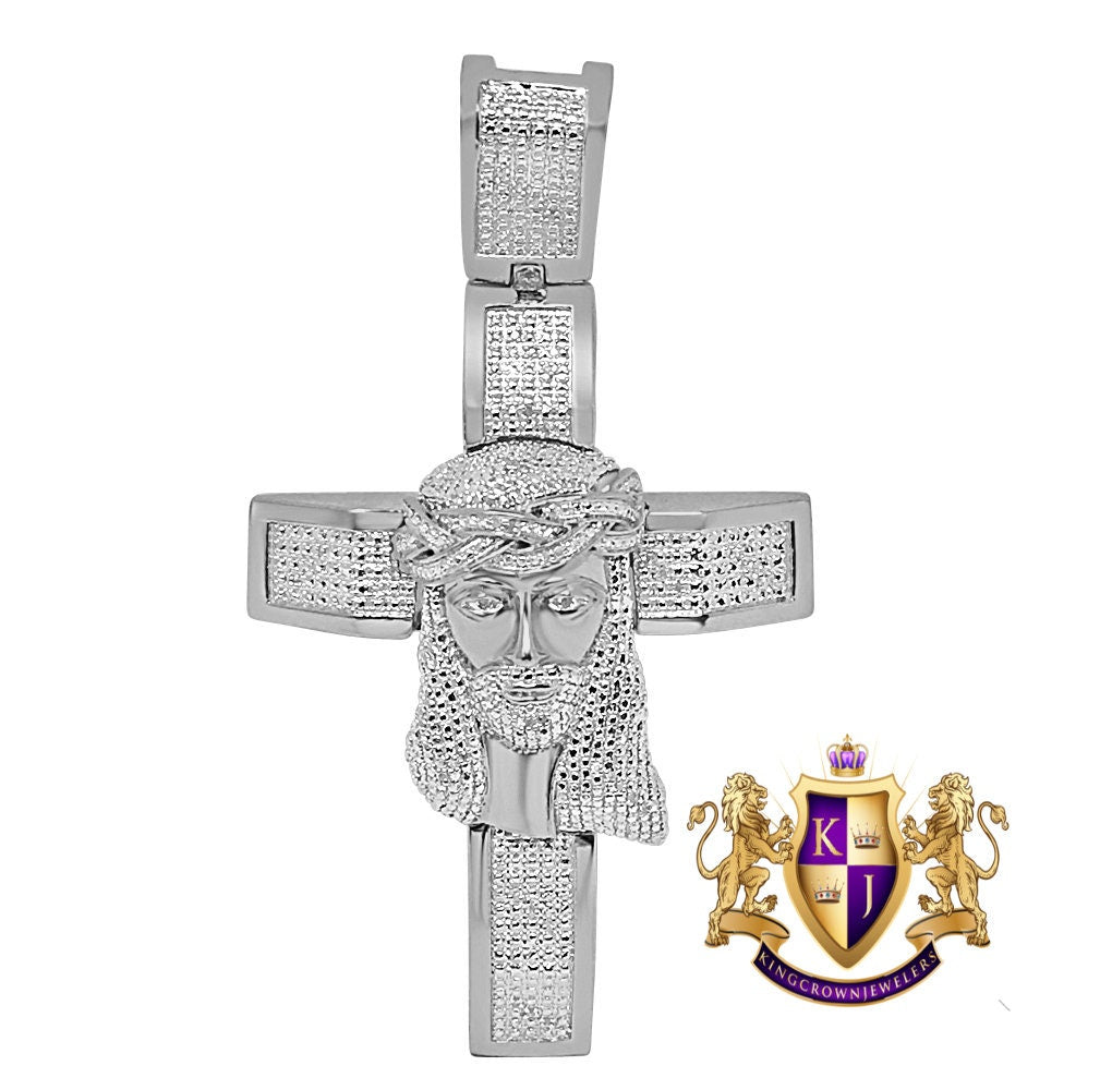 Real Genuine Authentic Diamond 32+ Grams Jesus Christ Face Cross 10K Solid White Gold Finish Custom Piece Charm Pendant Men's XL Big 3.5"