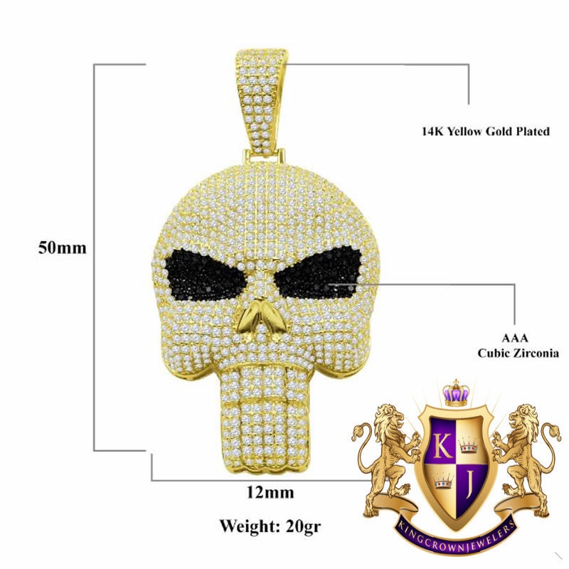 14K Yellow Gold On Genuine Sterling Silver Simulated Diamond Skull Brain Pain Pendent Charm 2.25''