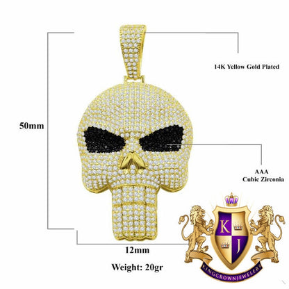 14K Yellow Gold On Genuine Sterling Silver Simulated Diamond Skull Brain Pain Pendent Charm 2.25''
