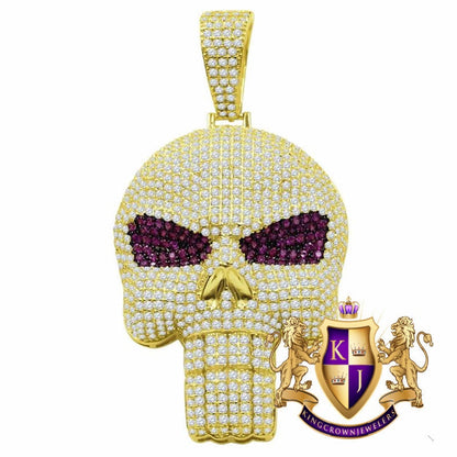 Pink Eye 14K Yellow Gold On Genuine Sterling Silver Simulated Diamond Skull Brain Pain Pendent Charm 2.25''