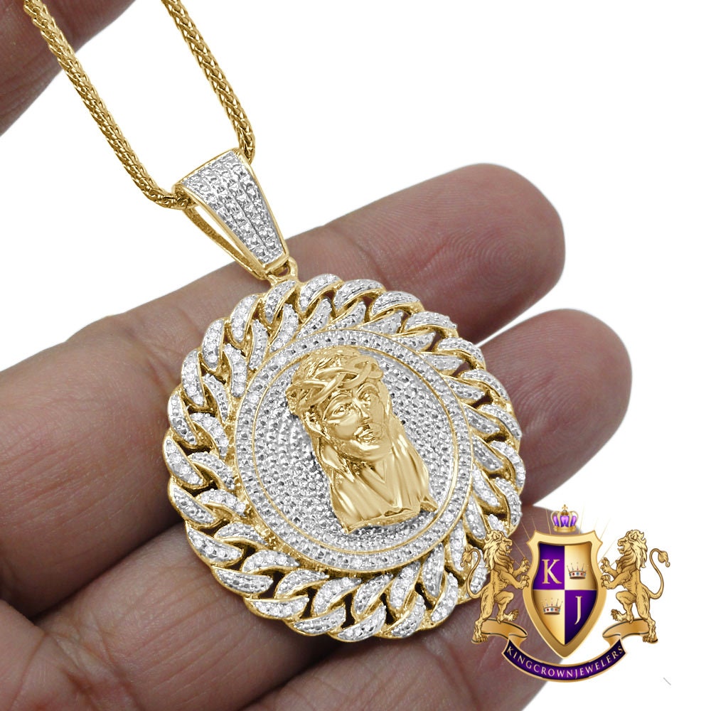 Real Genuine Authentic Diamonds 0.50 Cwt. Jesus Piece Round Men's Pendant Charm Chain Set 10K Gold Finish 2''