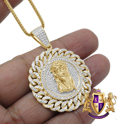 Real Genuine Authentic Diamonds 0.50 Cwt. Jesus Piece Round Men's Pendant Charm Chain Set 10K Gold Finish 2''