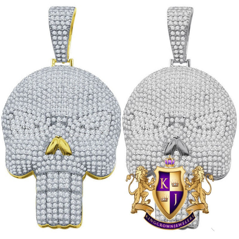 Men's 14K Gold Over Pure Sterling Silver Pendant Skull Pave Charm Simulated Diamond Pendant 2.25''