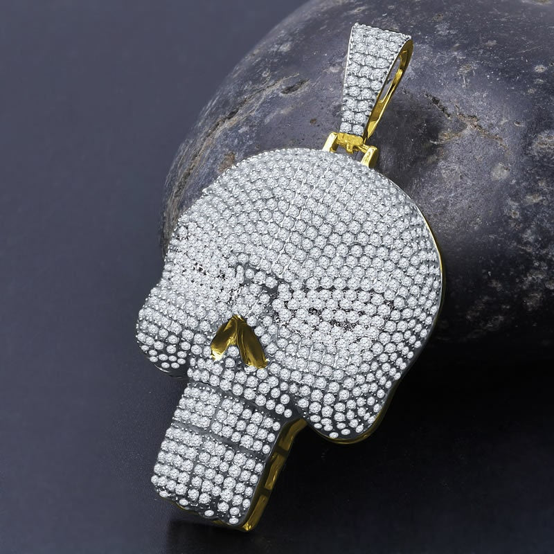 Men's 14K Gold Over Pure Sterling Silver Pendant Skull Pave Charm Simulated Diamond Pendant 2.25''