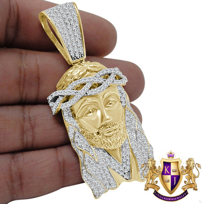 Big XL 2.85'' Real Yellow Gold Sterling Silver Simulated Diamond Holy Jesus Face Pendent Religious Charm