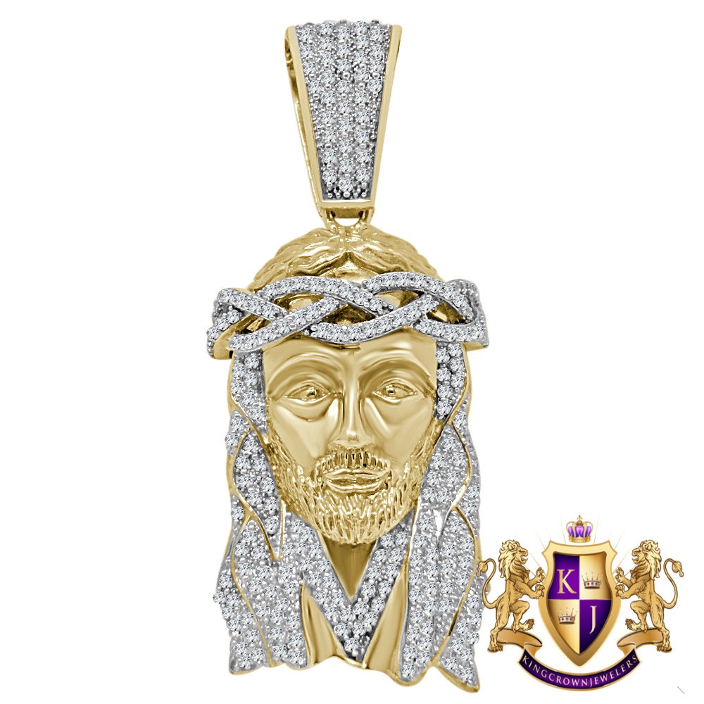 Big XL 2.85'' Real Yellow Gold Sterling Silver Simulated Diamond Holy Jesus Face Pendent Religious Charm