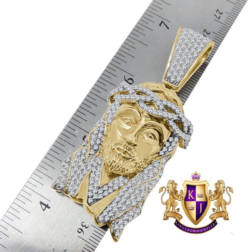 Big XL 2.85'' Real Yellow Gold Sterling Silver Simulated Diamond Holy Jesus Face Pendent Religious Charm
