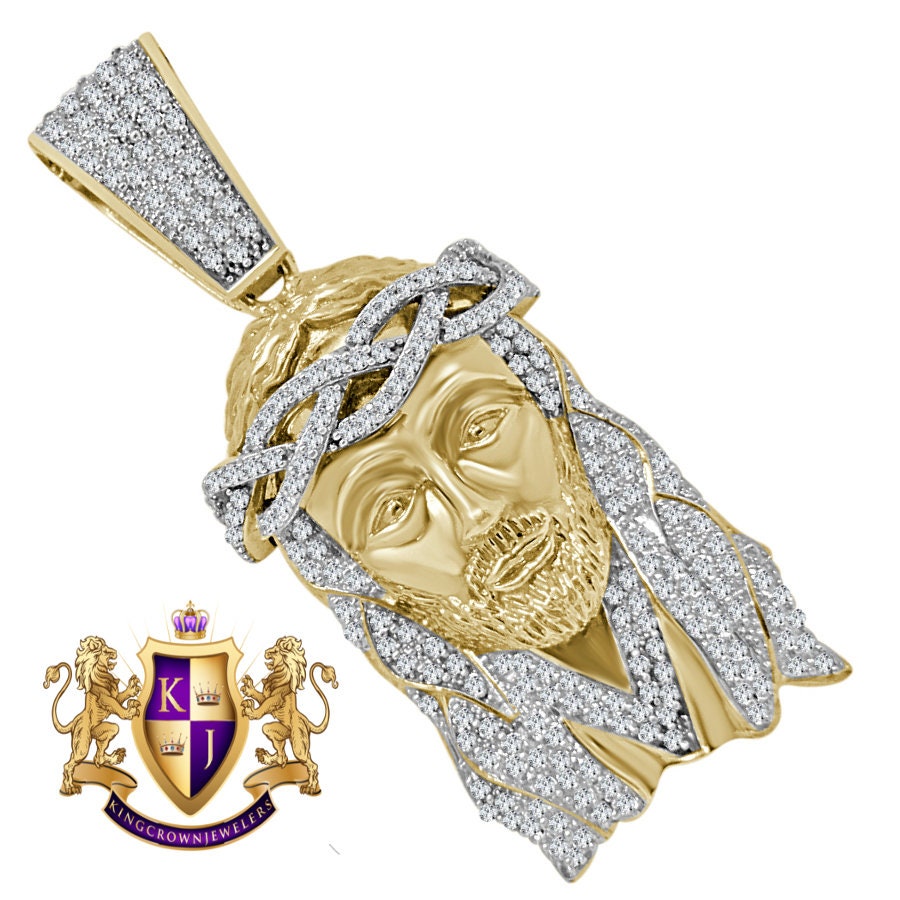 Big XL 2.85'' Real Yellow Gold Sterling Silver Simulated Diamond Holy Jesus Face Pendent Religious Charm